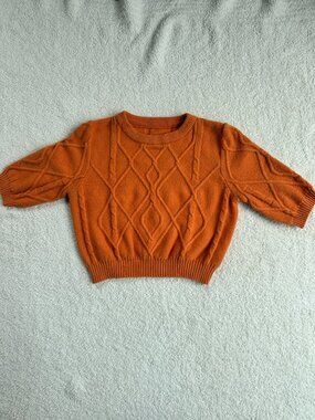 Cider Bright Cropped Cable Knit Sweater Quarter Sleeve Retro Mod - L